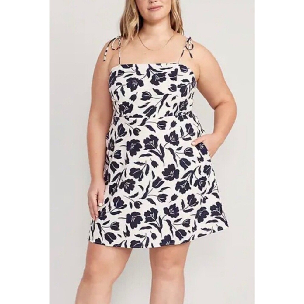 Old Navy Linen Blend Cami Dress Size XL Navy White Floral Tie Straps Pockets New